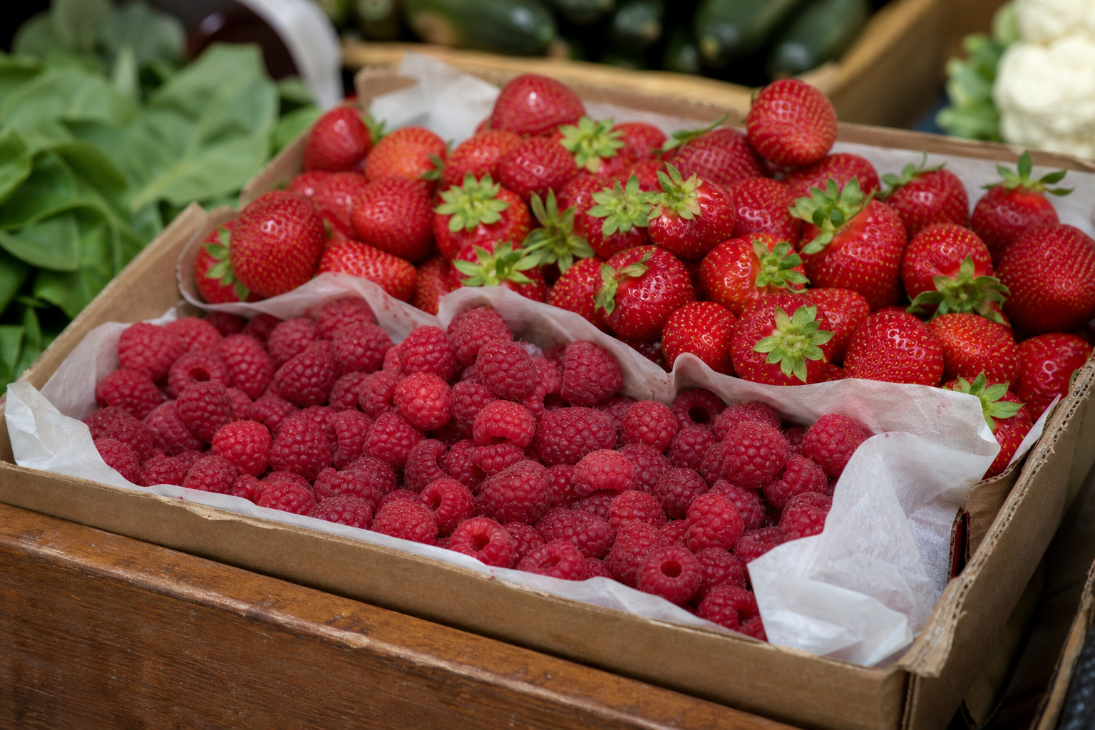 Wooden tray lined with assorted red fruits at an outdoor stall display.