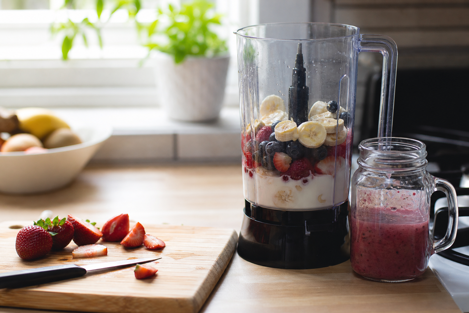 Countertop blender jar with diced red fruits and greens ready for mixing.